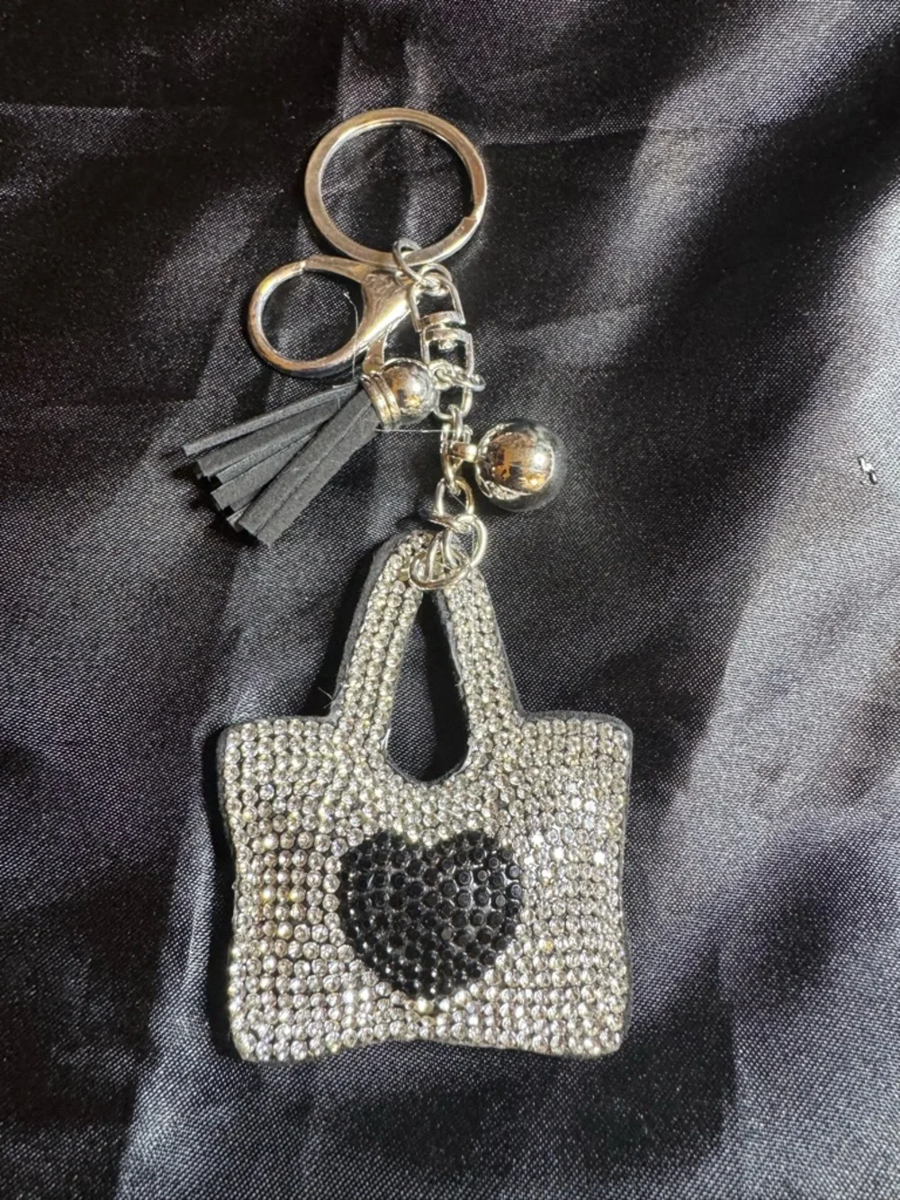 Rhinestone Tote Bag Keychain with Black Heart - Picture 1 of 2